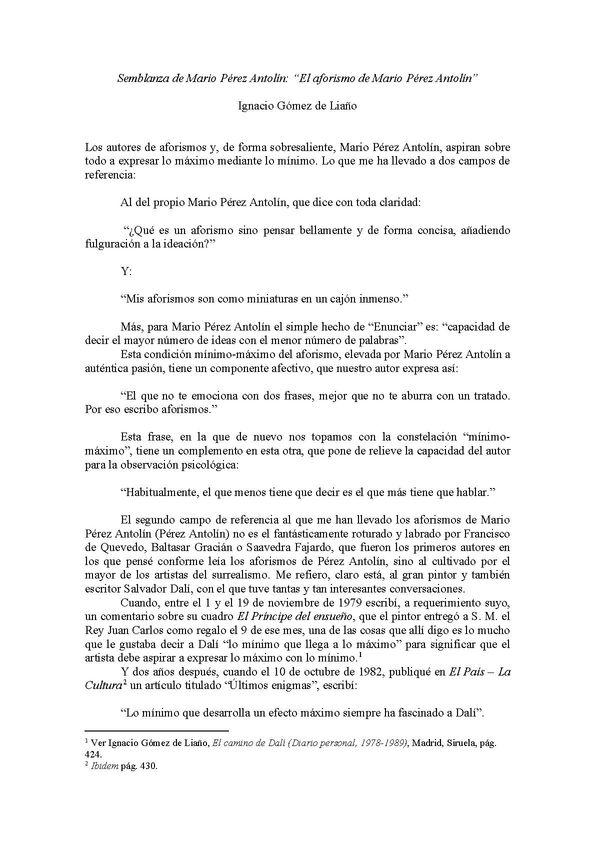 Semblanza de Mario Pérez Antolín: "El aforismo de Mario Pérez Antolín" / Ignacio Gómez de Liaño | Biblioteca Virtual Miguel de Cervantes