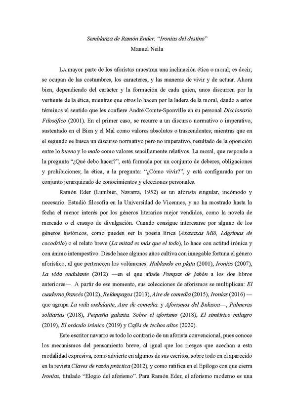 Semblanza de Ramón Eder: "Ironías del destino" / Manuel Neila | Biblioteca Virtual Miguel de Cervantes