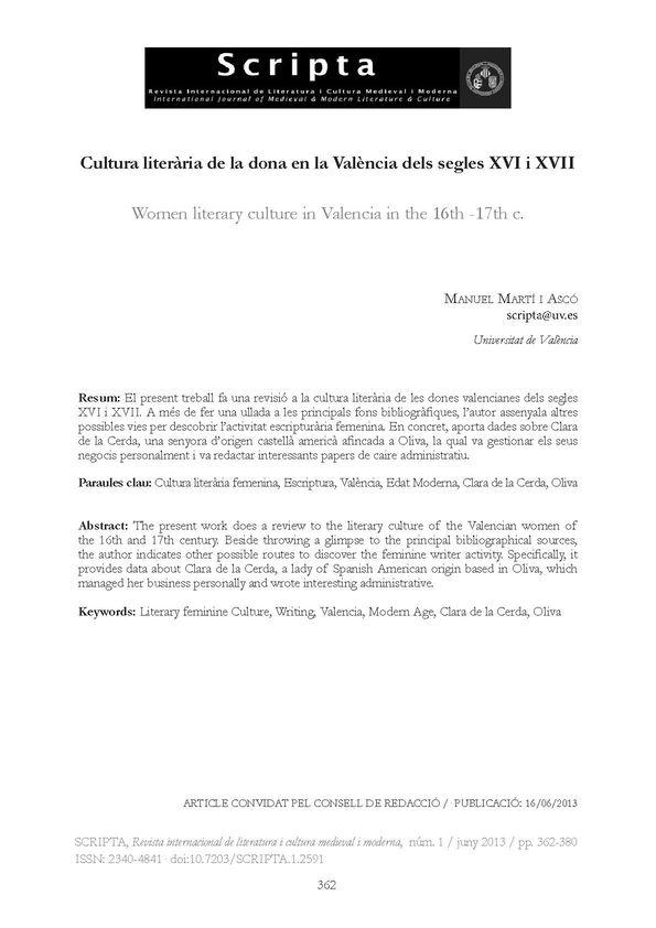 Cultura literària de la dona en la València dels segles XVI i XVII / Manuel Martí i Ascó | Biblioteca Virtual Miguel de Cervantes