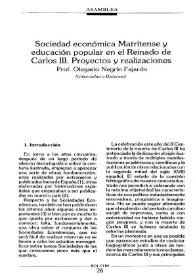 Portada:Sociedad Económica Matritense y educación popular en el reinado de Carlos III. Proyectos y realizaciones / Olegario Negrín Fajardo