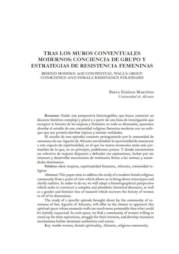 Tras los muros conventuales modernos: conciencia de grupo y estrategias de resistencia femeninas / Berta Echániz Martínez | Biblioteca Virtual Miguel de Cervantes