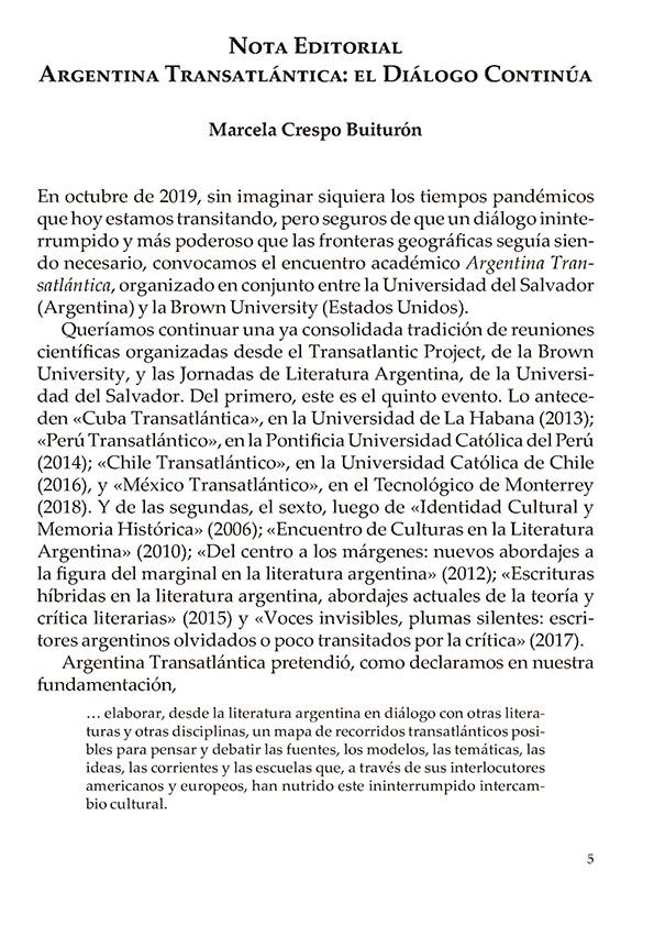Nota editorial. Argentina transatlántica: el diálogo continúa / Marcela Crespo Buitrón | Biblioteca Virtual Miguel de Cervantes