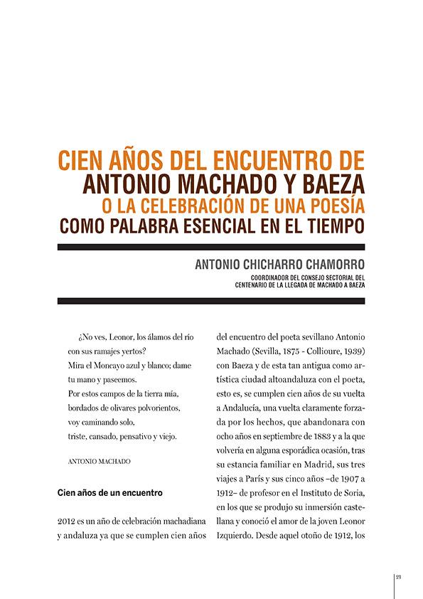 Cien años del encuentro de Antonio Machado y Baeza o la celebración de una poesía como palabra esencial en el tiempo / Antonio Chicharro Chamorro | Biblioteca Virtual Miguel de Cervantes