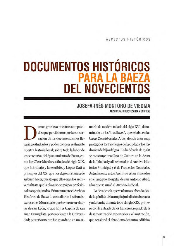 Documentos históricos para la Baeza del novecientos / Josefa-Inés Montoro de Viedma | Biblioteca Virtual Miguel de Cervantes