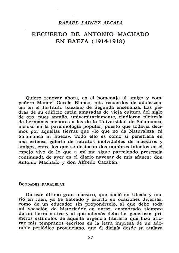 Recuerdo de Antonio Machado en Baeza (1914-1918) / Rafael Laínez Alcalá | Biblioteca Virtual Miguel de Cervantes
