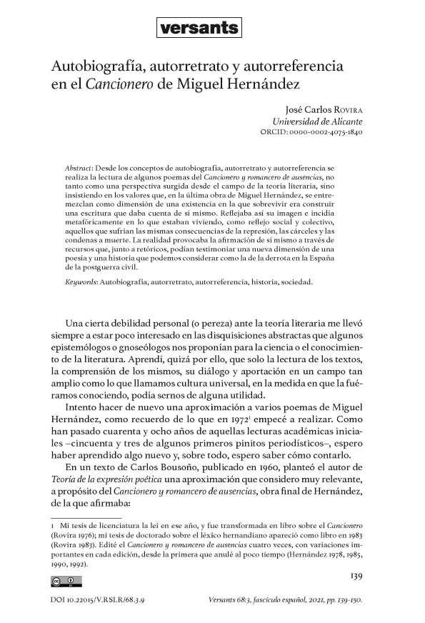 Autobiografía, autorretrato y autorreferencia en el "Cancionero" de Miguel Hernández  / José Carlos Rovira | Biblioteca Virtual Miguel de Cervantes