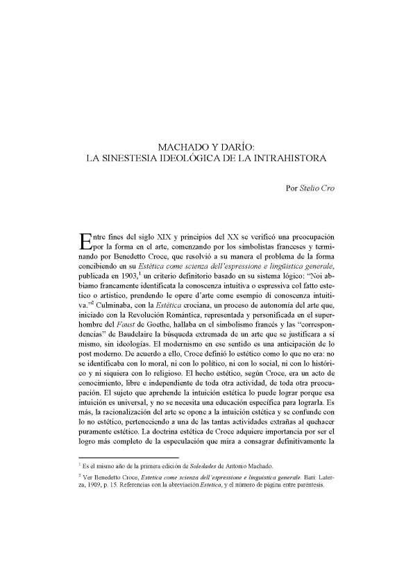 Machado y Darío: La sinestesia ideológica de la intrahistoria  / Stelio Cro | Biblioteca Virtual Miguel de Cervantes