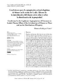 Portada:Condiciones para la apropiación privada legítima de bienes en la teoría de Locke. Efectos de la introducción del dinero sobre ellas y sobre la distribución de la propiedad / Florencia Rodríguez Nasuti