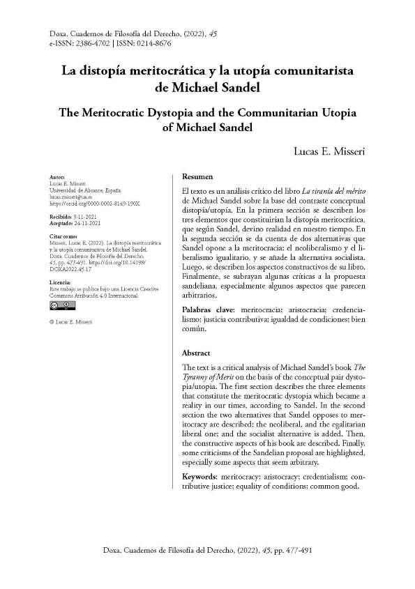 La distopía meritocrática y la utopía comunitarista de Michael Sandel / Lucas E. Misseri | Biblioteca Virtual Miguel de Cervantes