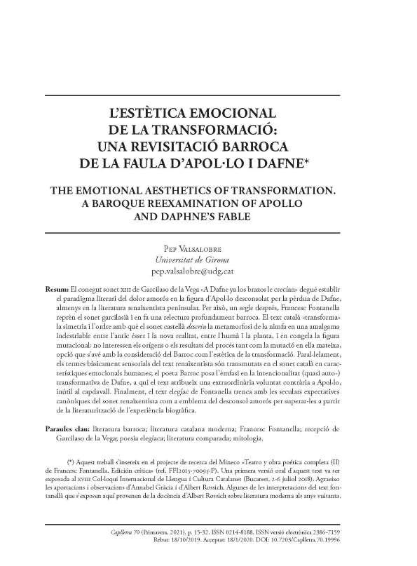 L’estètica emocional de la transformació: una revisitació barroca de la faula d’Apol·lo i Dafne / Pep Valsalobre  | Biblioteca Virtual Miguel de Cervantes