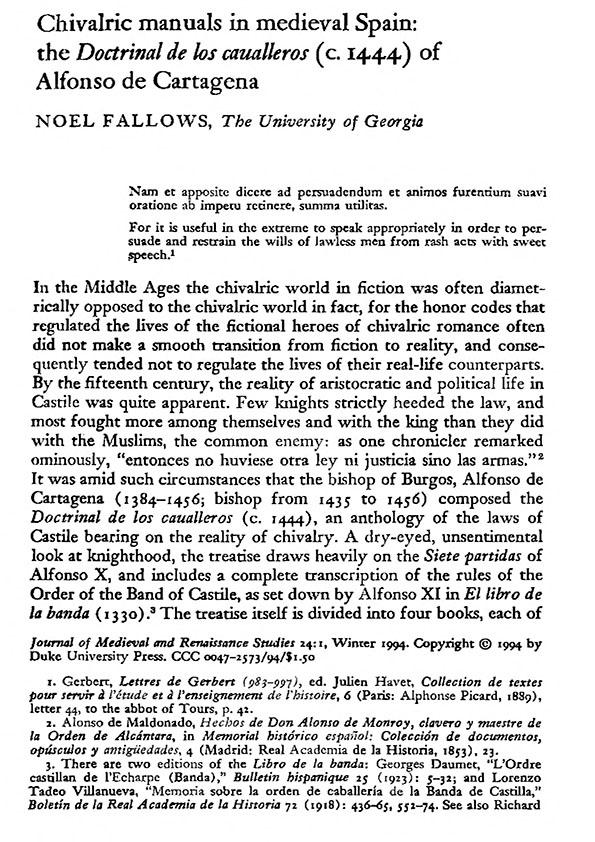 Chivalric manuals in medieval Spain: the "Doctrinal de los cavalleros" (c. 1444) of Alfonso de Cartagena / Noel Fallows | Biblioteca Virtual Miguel de Cervantes