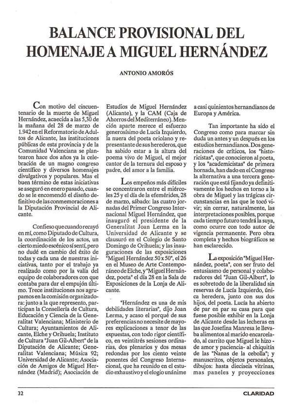 Balance provisional del homenaje a Miguel Hernández / Antonio Amorós | Biblioteca Virtual Miguel de Cervantes