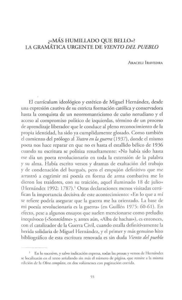 ¿"Más humillado que bello"? La gramática urgente de "Viento del pueblo"  / Araceli Iravedra | Biblioteca Virtual Miguel de Cervantes