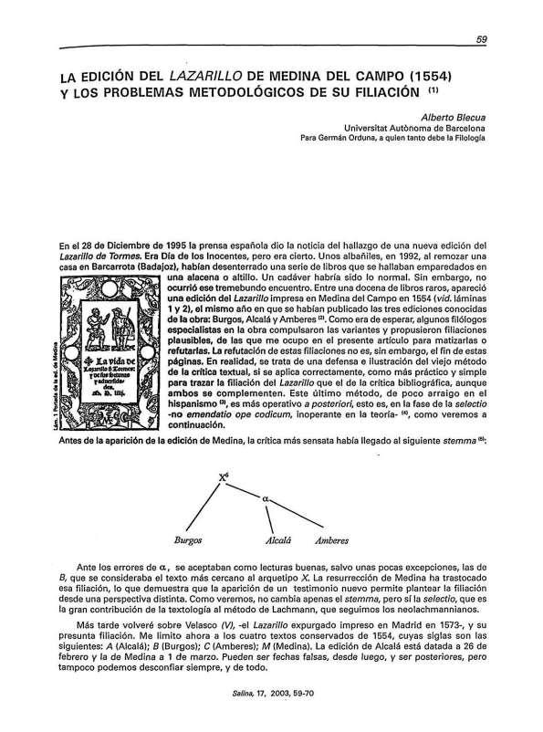 La edición del "Lazarillo" de Medina del Campo (1554) y los problemas metodológicos de su filiación / Alberto Blecua | Biblioteca Virtual Miguel de Cervantes
