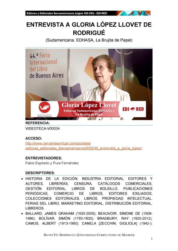 Transcripción de la "Entrevista a Gloria López Llovet de Rodrigué (Sudamericana, EDHASA, La Brujita de Papel)" | Biblioteca Virtual Miguel de Cervantes