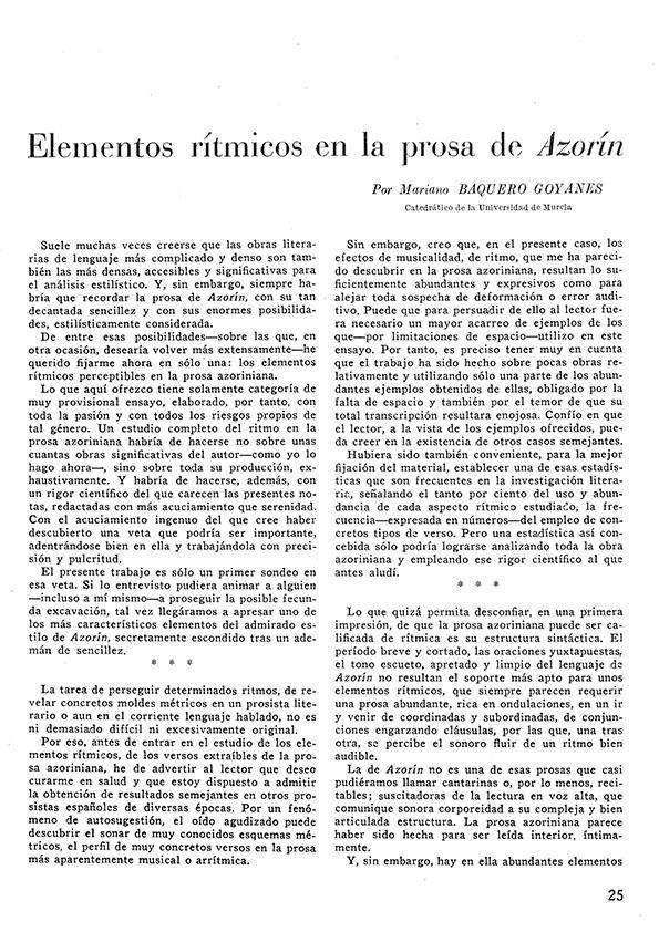 Elementos rítmicos en la prosa de Azorín / por Mariano Baquero Goyanes | Biblioteca Virtual Miguel de Cervantes