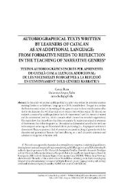 Portada:Textos autobiogràfics escrits per aprenents de català com a llengua addicional: de les necessitats formatives a la reflexió en l’ensenyament dels gèneres narratius    / Carme Bach 