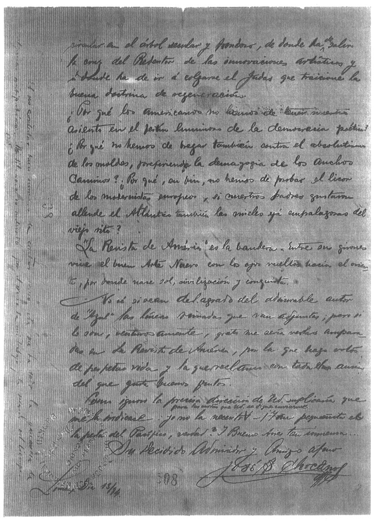 Facsímil de una carta de José Santos Chocano a Rubén Darío, hoja 1, vuelto