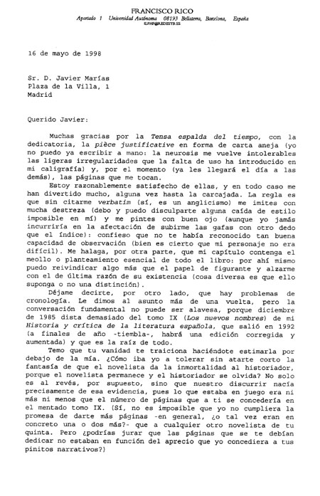 Carta de Francisco Rico a Javier Marías (página 1)